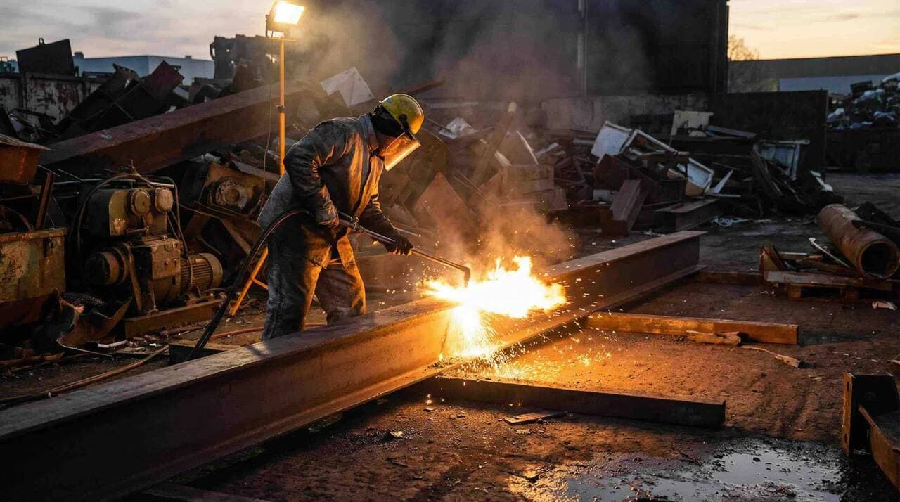 Gasskärare utför termisk skärning på skrotgård