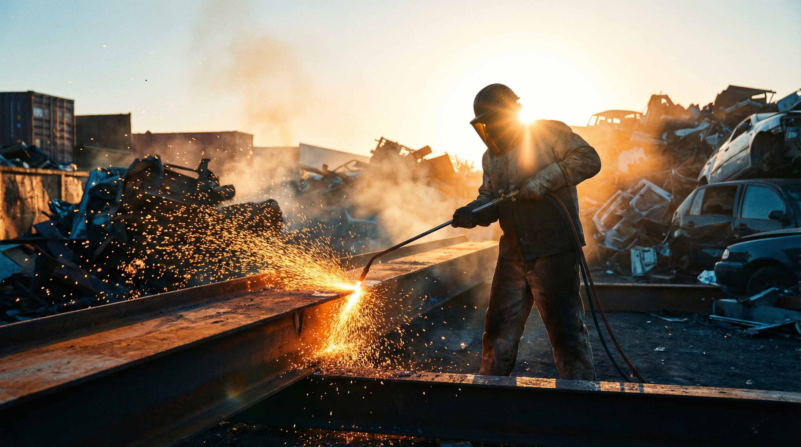 Skärbrännare i arbete vid solnedgång