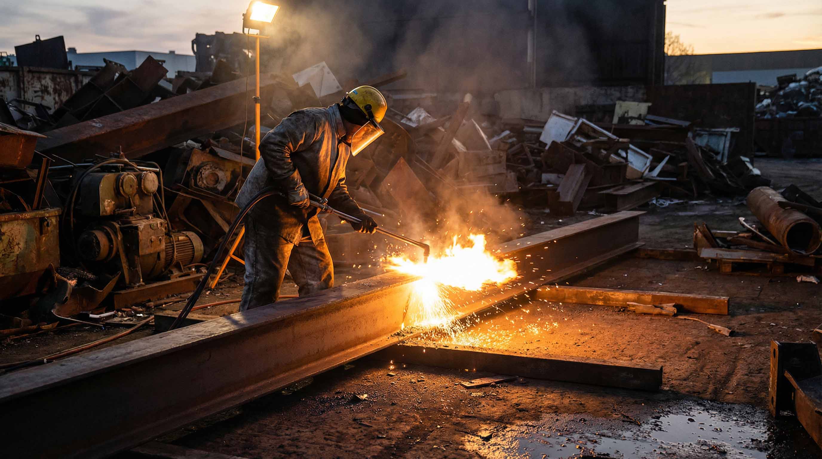 Skärbrännare utför termisk skärning på skrotgård
