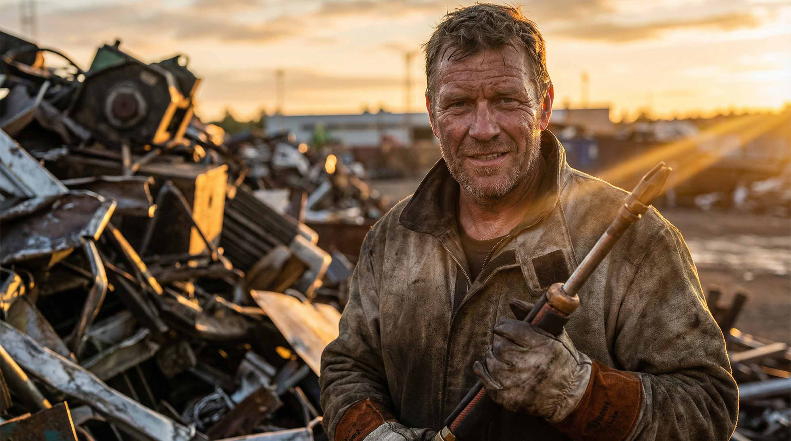 Erfaren skärbrännare på skrotgård